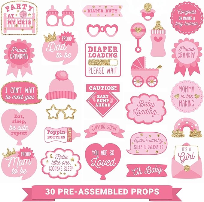 Fully Assembled Baby Shower Photo Booth Props - Set of 30 - Girl Baby Shower Selfie Signs - Pink Party Supplies & Decorati...
