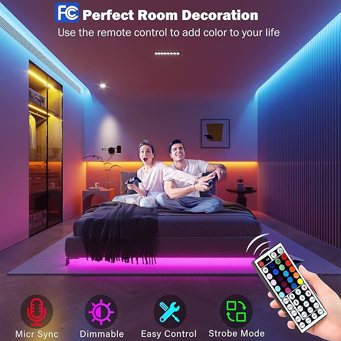 Leeleberd 50ft Led Lights for Bedroom, Bluetooth Smart APP Control RGB Color Changing Led Strip Lights with Remote Control and Power Adapter Led Lights for Room Kitchen Party Home Decoration