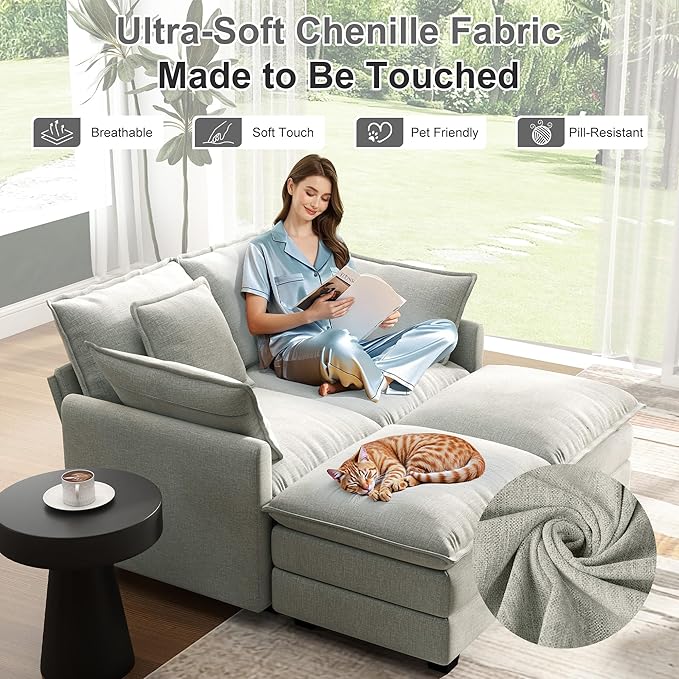 58" Cloud Couch Loveseat, Deep Seat Modular Sectional Sofa with 4 Removable Washable Pillows and 2 Ottoman for Living Room, Bedroom, Apartment, Light Grey