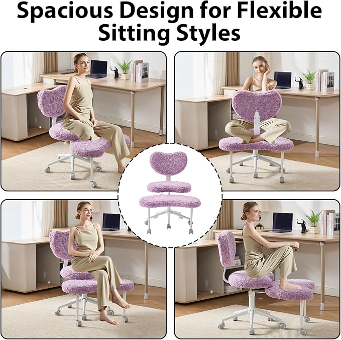 Cross Legged Office Chair with Wheels–360°Swivel Meditation Chair, Adjustable Height Yoga Office Chair for Adults, Ergonomic Kneeling Chair with Back Support for ADHD, Faux Fur, Violet