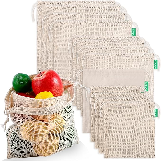 12+1 Pack Reusable Produce Bags, Cotton Mesh Produce Bags Reusable Washable, Grocery Bag, Double-Stitched Vegetable Bag with Drawstrings for Shopping, Transporting and Storing(4xS, 4xM, 4xL)