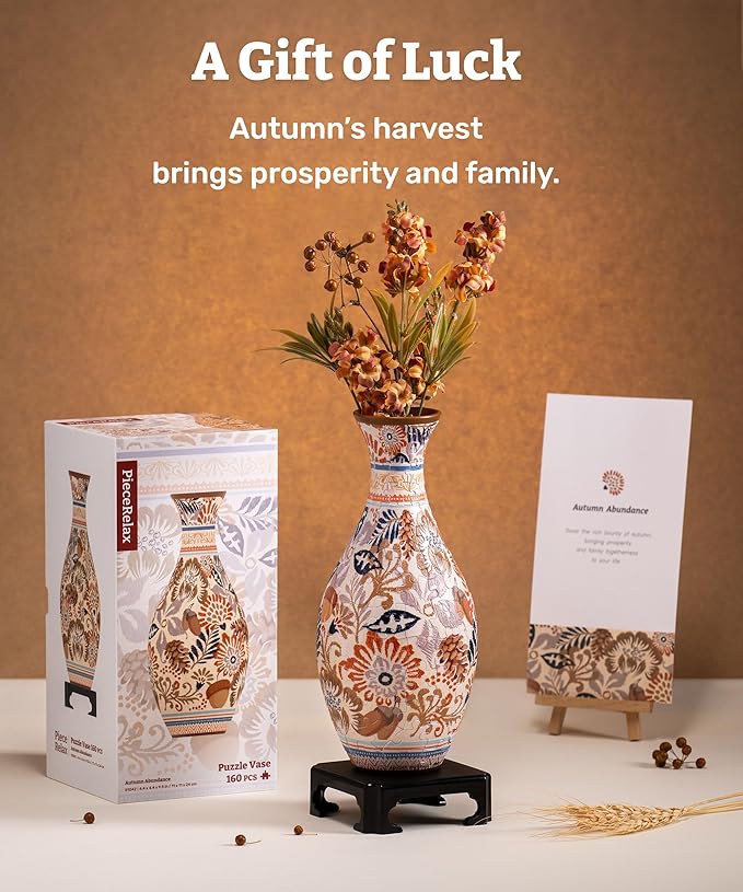 PieceRelax Unique Flower Vase - 3D Puzzle Vase for Adults to Flower Arrangement and Home Decoration Made by 160 Curved Plastic Puzzle Pieces - Autumn Abundance [S1042]