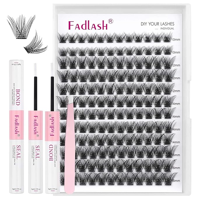 FADLASH Lash Clusters Kit 10-16mm Eyelash Cluster Lashes with Lash Bond and Seal Lash Tweezers DIY Lash Extension Kit (JN1-07D-10-16 Kit)