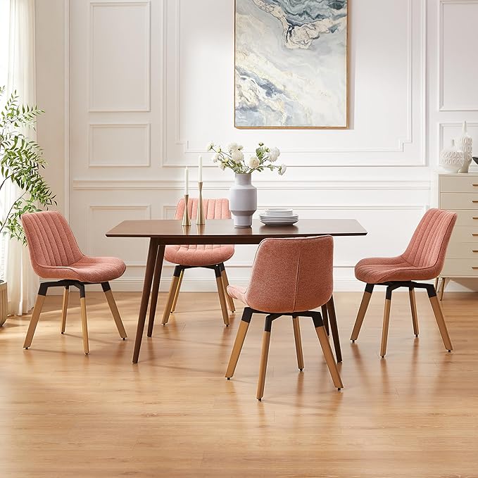 Art Leon Swivel Dining Chairs Set of 2, Mid Century Modern Kitchen Dining Room Chairs, Upholstered Fabric Armless Side Chair with Wood Legs for Living Room Bedroom, Rose