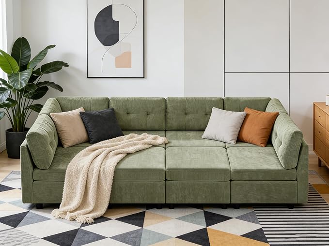 VANOMi 118 Inch Cloud Modular Sectional Sofa, 8 Seater Cloud Sectional Sofa Bed, Chenille Sofas & Couches for Living Room, Apartment, Office, Green