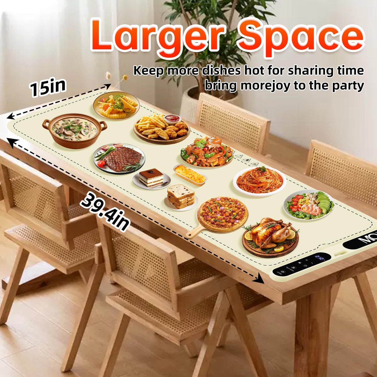 MQ Food Warming Mat, Extra Large 39.4x15 Inches Fast Heating Silicone Electric Warming Tray with 7 Level Temp and 8H Timer, Roll-Up & Portable Warming Mat for Food, Chafing Dishes for Parties Buffet