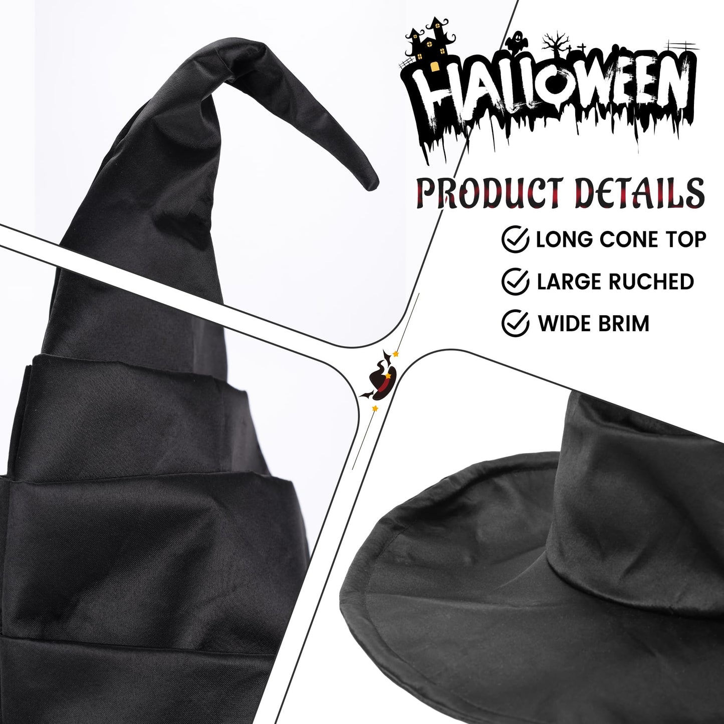 Ibeauti Women Halloween Witch Hat Long Ruched Black Witch Costume Hat Accessory (Black)