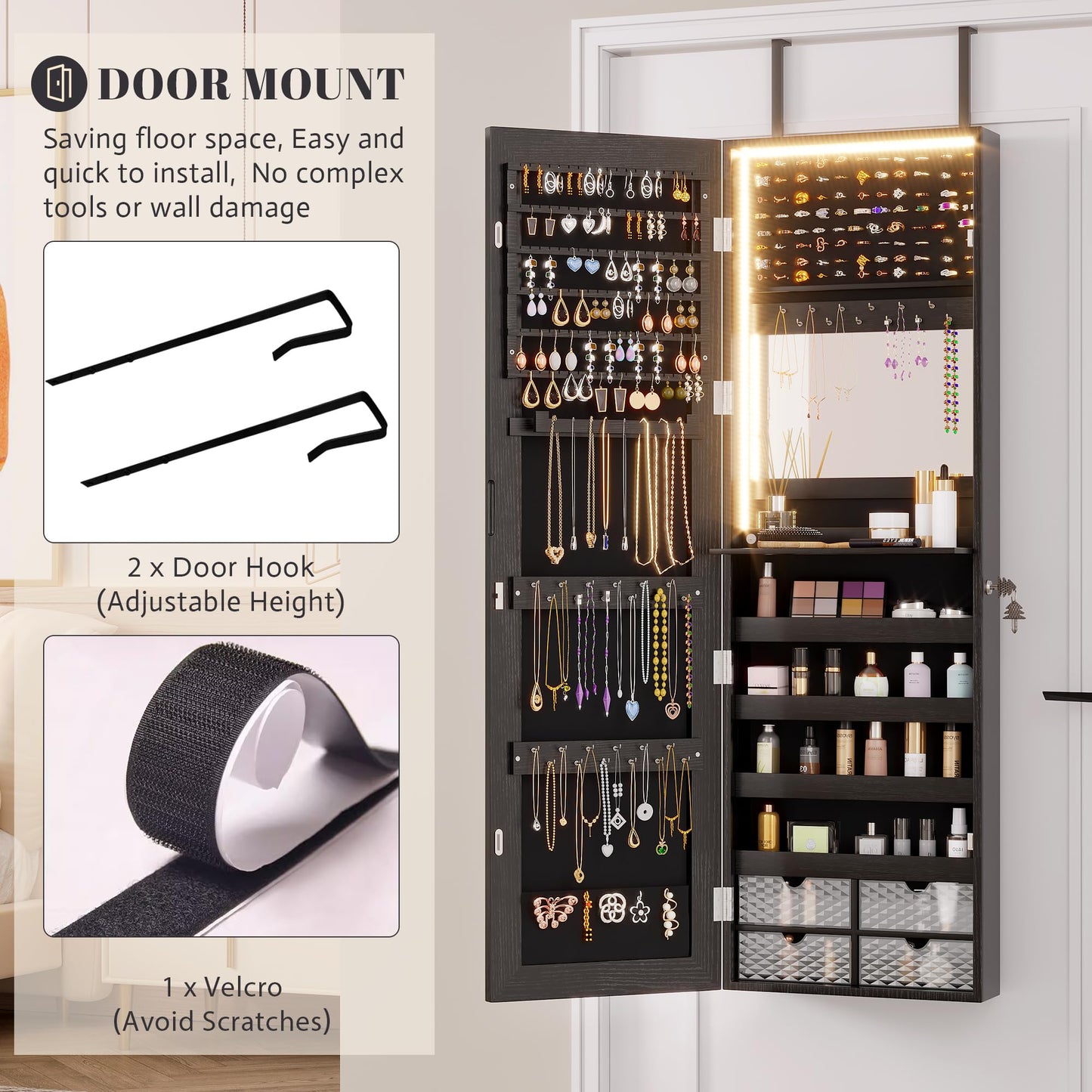 Vlsrka 47.2" LED Jewelry Armoire Organizer, Wall/Door Mounted with Full Length Mirror, Large Storage Hanging Cabinet, 4 Drawers, 5 Shelves, Built-in Lighted Mirror (Wood Black)
