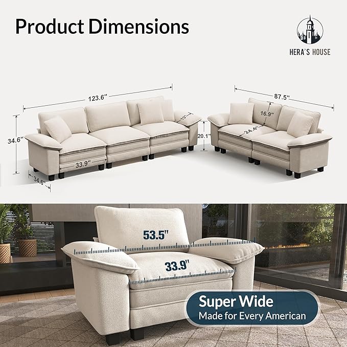 HERA'S HOUSE 2 Pieces Modular Sectional Sofa Sets, Oversized Couch Set with Loveseats, Comfy Cloud Couches with Throw Pillows, 5-Seater Deep Seat Sofa for Living Room, Chenille Beige