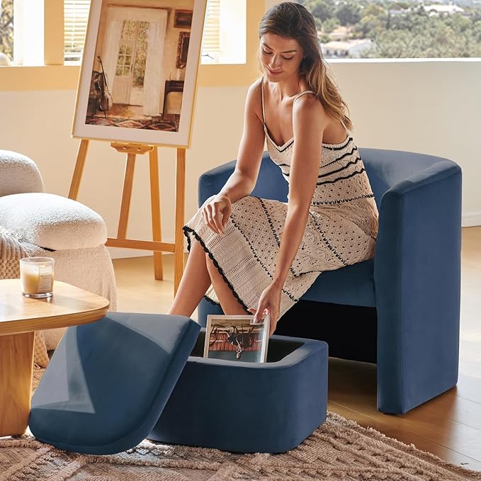 COLAMY Morden Velvet Living Room Side Chair with Storage Ottoman, Single Sofa Armchair with Lounge Seat, Upholstered Barrel Accent Chair for Bedroom/Office/Reading Spaces, Blue