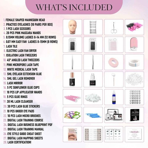 Hoka Lash Eyelash Extension Kit & Training Course and Certification, Professional Lash Extension Kit for Beginners Includes Practice Mannequin Head, Lash Trays, Glue, Tweezers, Fan & More