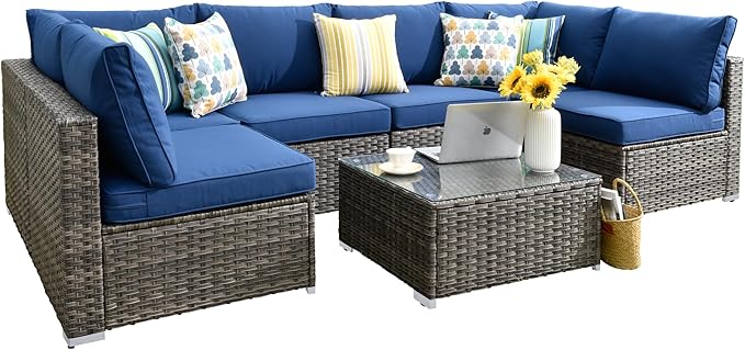 HOOOWOOO 7 Piece Patio Sectional Furniture Set,Modern Wicker Outdoor Conversation Sofa Sets,Weather Resistant Modular L Shaped Outside Couch Table Set(Navy Blue)
