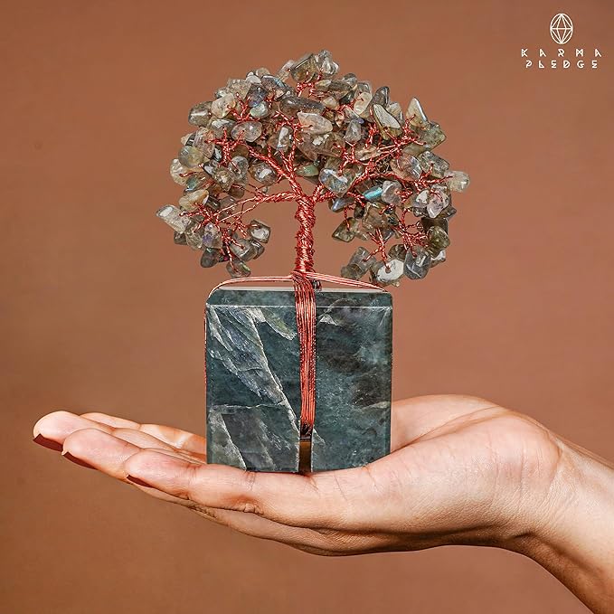 KARMAPLEDGE Crystal Tree of Life Feng Shui Decor for Home and Office, Labradorite Chakra Healing Crystal Handmade Tree for Positive Energy, Money, Good Luck, Christmas Decor, Birthday Gifts for Women