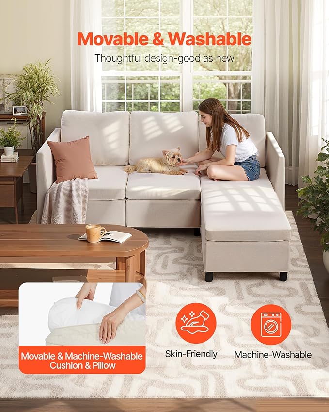 VEVOR Modular Sectional Sofa, 3-Seater Modular Sofa with Hidden Storage, Customizable Cloud Sectional Couch with Ottoman, Solid Wood Frame Upholstered Couch for Living Room, Bedroom, Beige