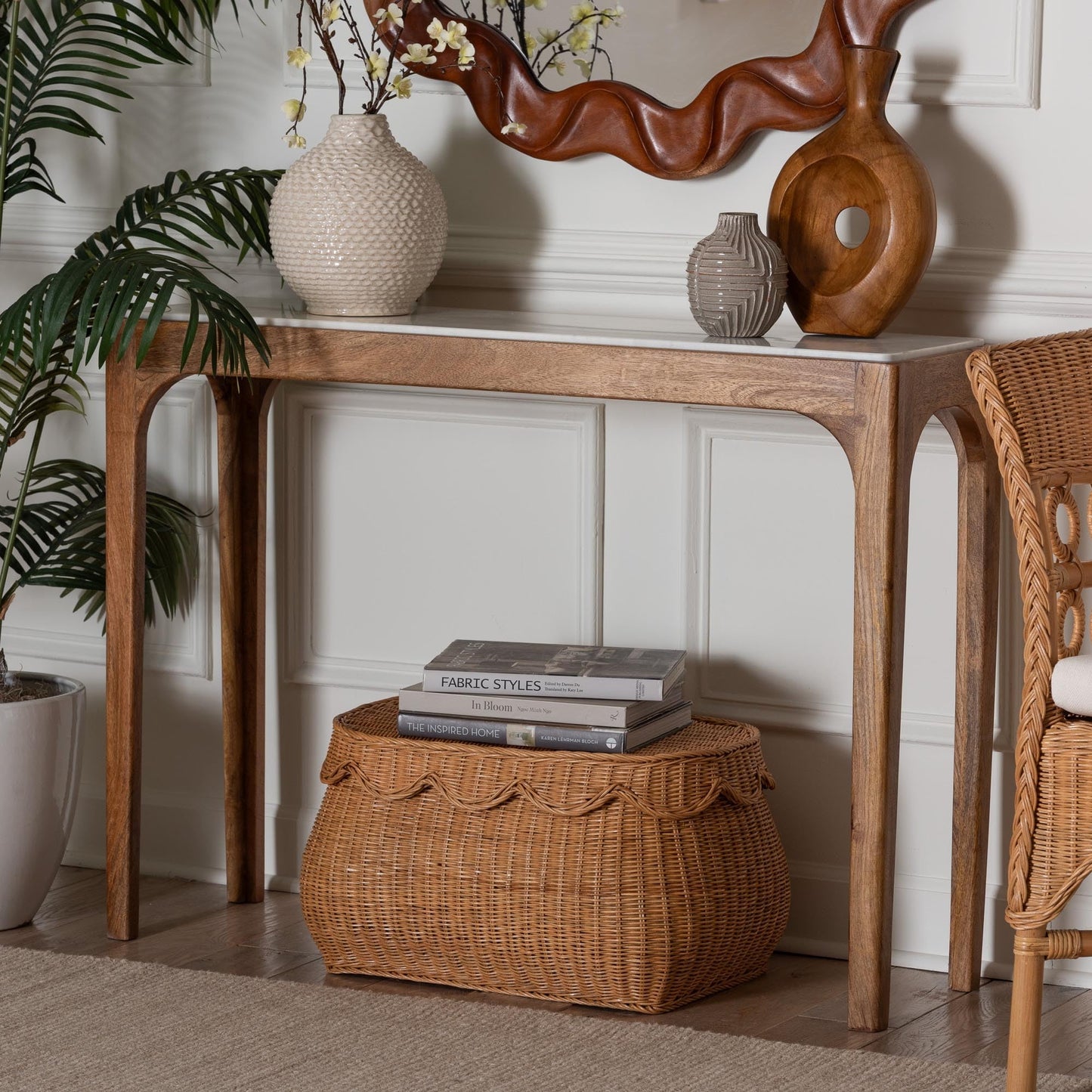 Baxton Studio Lluvia Slim Marble Console Table - Modern Accent Table with Mango Wood Frame for Entryway, Hallway, or Living Room