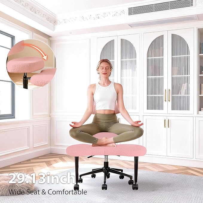 DUMOS Ergonomic ADHD Cross Legged Office Desk Chair with Adjustable Backrest, Height Adjustbale Meditation Chair with 360° Swivel Footstool, Teddy Fabric Yoga Stool for Home Office, Pink
