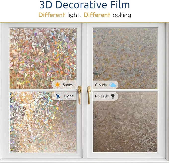 rabbitgoo Window Privacy Film Rainbow Film Decorative Window Sticker, 3D Static Stained Glass Cling Tint for Home Heat Control Non-Adhesive, Brown, 17.5 x 78.7 inches