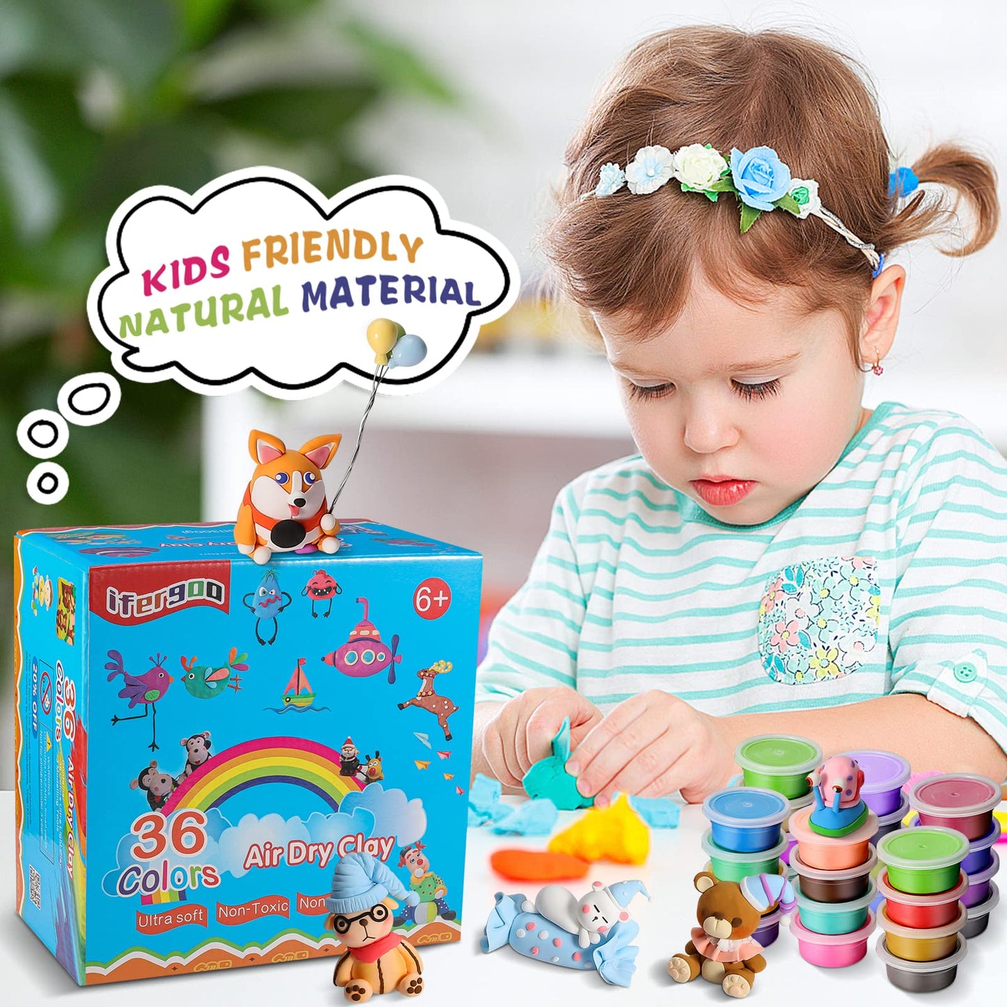 iFergoo Modeling Clay Kit - 36 Colors Magic Air Dry Clay for Kids, Ultra Light, Safe & Non-Toxic, School Art & Craft Project, Great Toy Gift for Boys and Girls