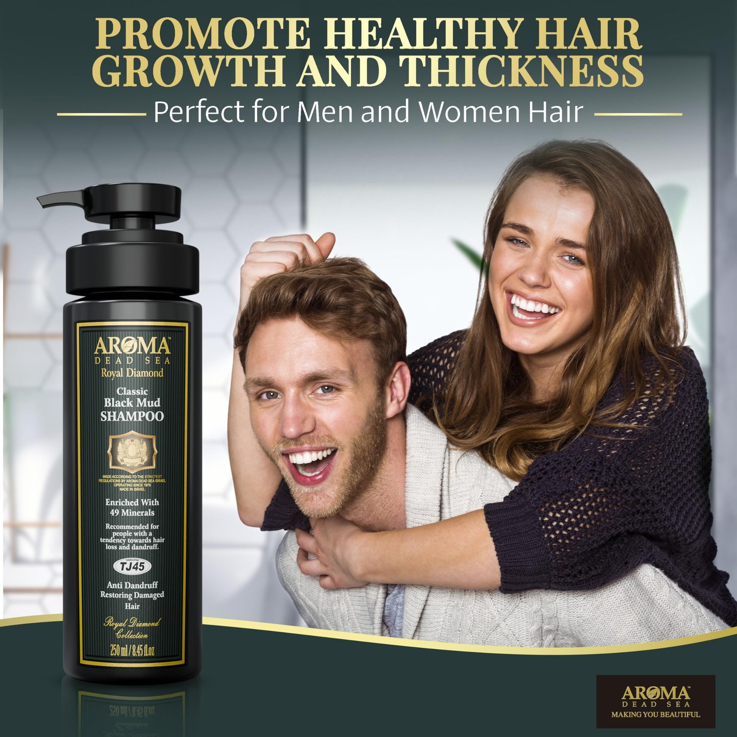 AROMA DEAD SEA Black Mud Shampoo - Fights Dandruff, Thinning Hair, Weak Roots & Itchy Scalp. Prevents Hair Loss & Encourages Gro