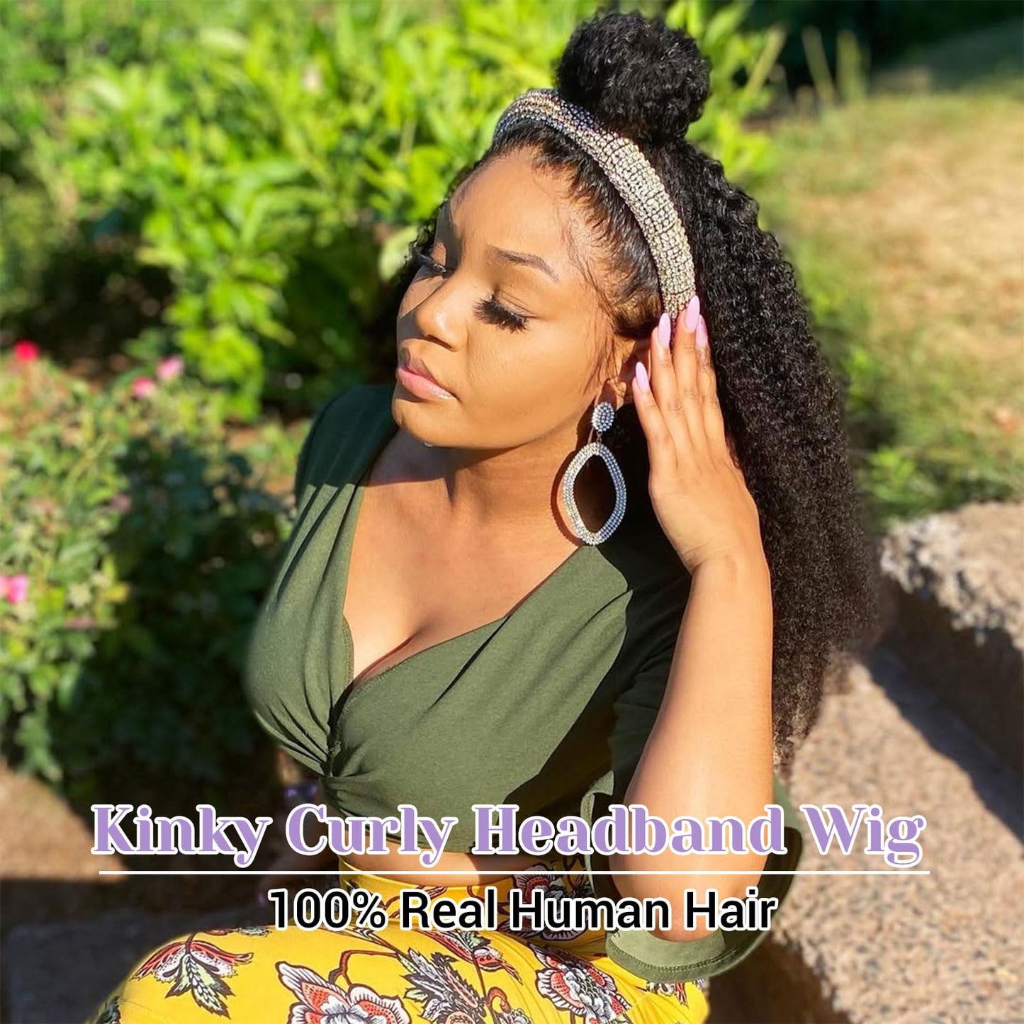 DSEKCAIN Kinky Curly Headband Wig Human Hair 26 inch 200 Density 100% Real Human Hair Curly Headband Wig No Glue No Sew In Gluel