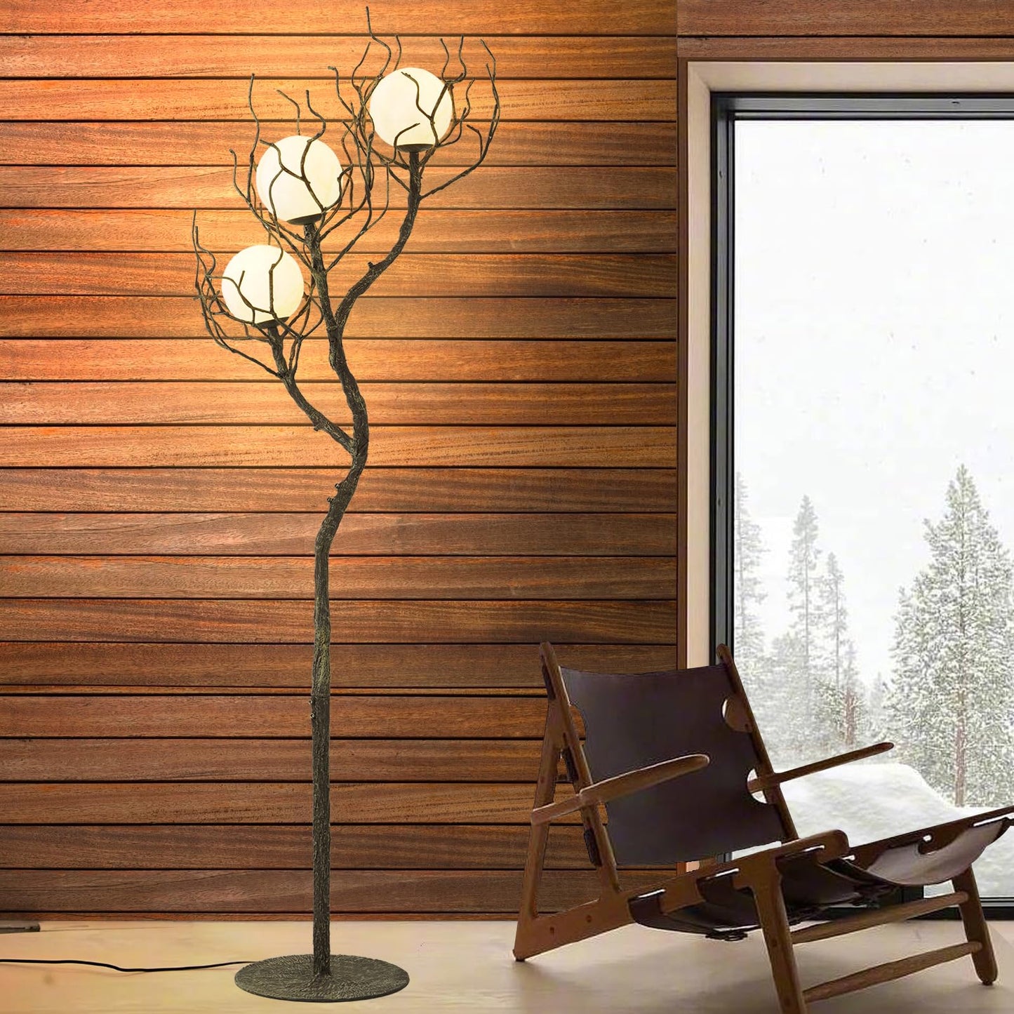 eccuslon Unique Floor Lamp for Living Room - Tree Trunk Design with 3 Moon Lights, Wood Grain Resin & Metal Base for Farmhouse, Bedroom and Office(63 Inch)