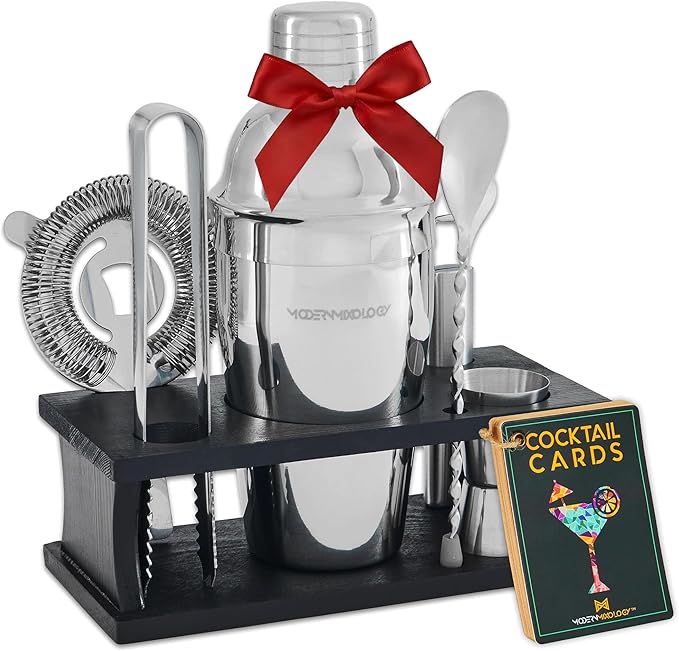 Modern Mixology Cocktail Shaker Set - 8 Piece Bartender Kit on Quality Pine Stand | Complete Cocktail Kit Gift Set | Top B...