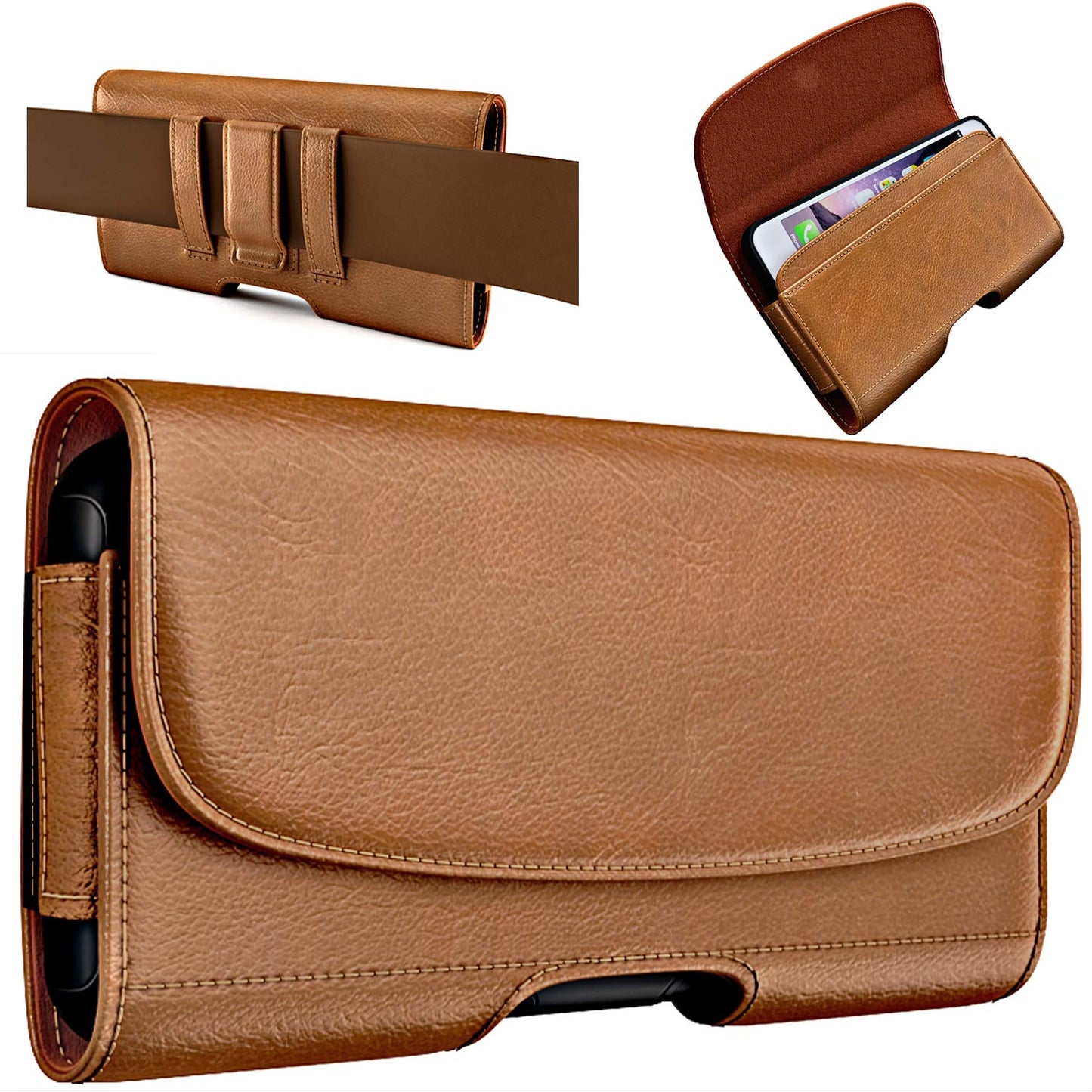 Bomea Leather Holster For Iphone 16 16E Pro 15 14 13 12 11 10 Xr Xs X, Samsung Galaxy S25 S24 S23 5G - Cell Phone Belt Holder Ca