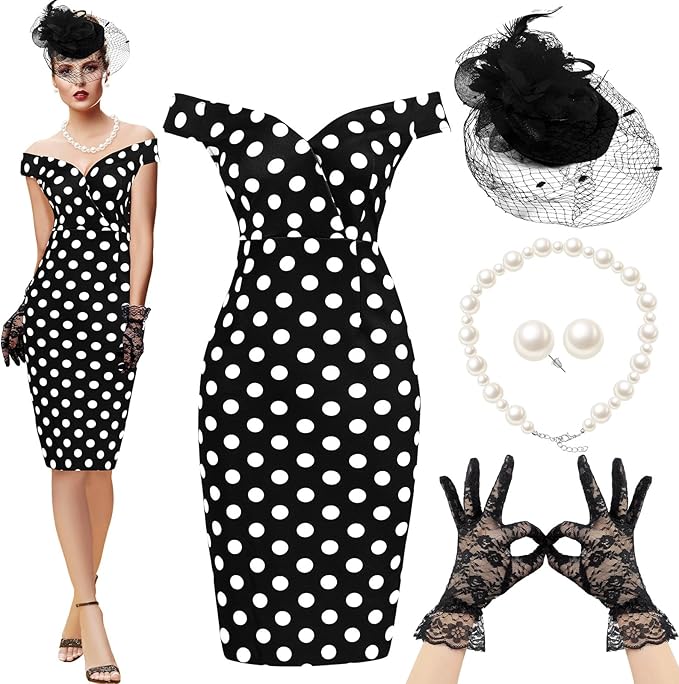 JenPen 5 Pcs Halloween Vintage Polka Dot Dress for Women 1950s Derby Tea Party Attire Retro Pencil Bodycon