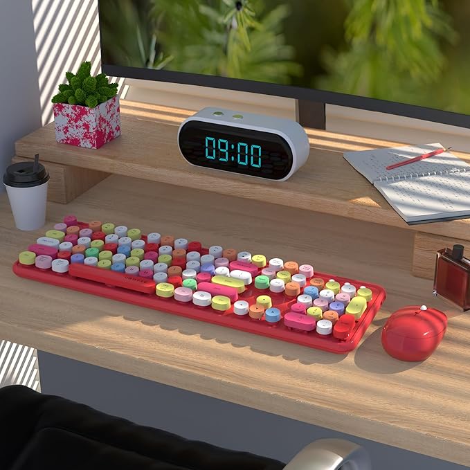 UBOTIE Colorful Computer Wireless Keyboard Mouse Combos, Typewriter Flexible Keys Office Full-Sized Keyboard, 2.4GHz Dropout-Free Connection and Optical Mouse (Red-Polychrome)