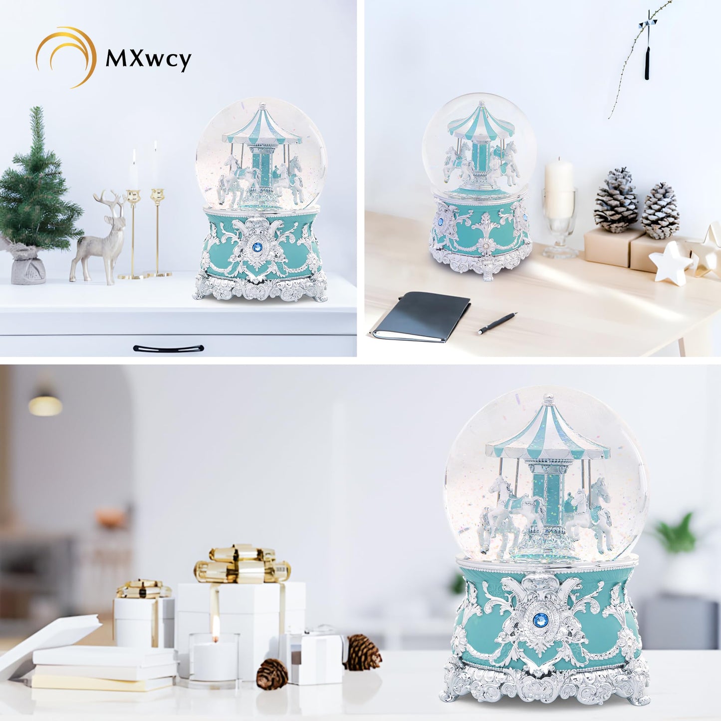 Carousel Music Box Silver Mint Christmas Snow Globes, 7.1" Glass Rotate Carousel Snow Globe for Kids & Adults, Classic Wind up Musical Snow Globe Birthday Gifts, Carousel Horse Home Decor