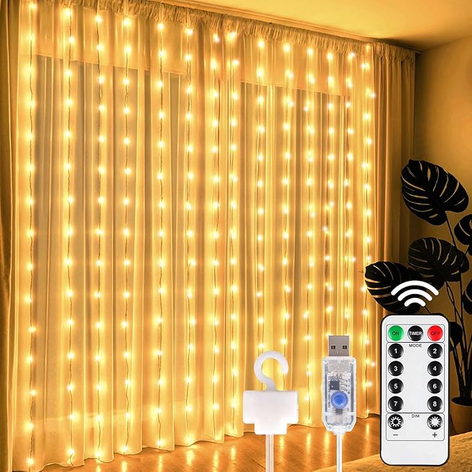 DomeStar 300 LED Curtain Lights for Bedroom, 9.8 x 9.8 FT Battery Operated Christmas Fairy Lights with 8 Modes Remote Chri...