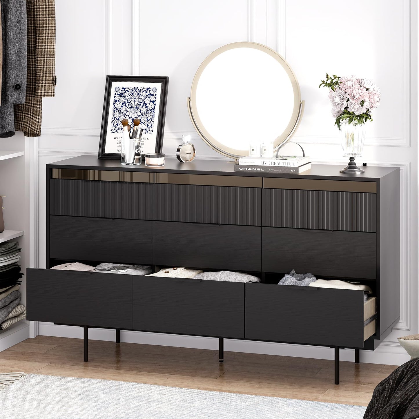 MEISSALIVVE 9 Drawer Dressers for Bedroom, Wide Chest of Drawers, Deep Drawer Dresser, Modern Storage Organizer Dresser, Black Long Dressers for Closet Living Room (59" W x 16" D x 34" H)