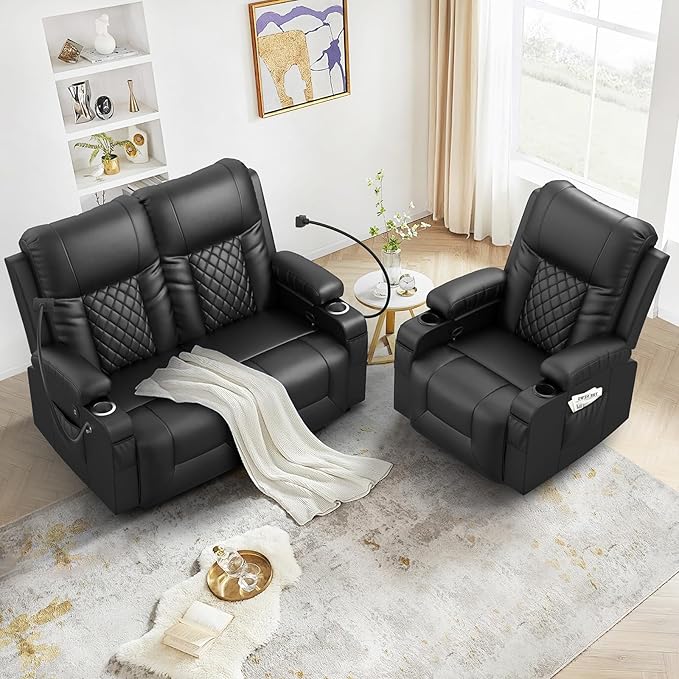 FURNIMAT Loveseat Recliner Sofa Set with 2+1 Pieces, 2 Seater Reclining Loveseat Couch with USB Ports, Cell Phone Holders, 2 Recliner Chairs with Vibration Massage and Heat, Living Room, Bedroom, RV