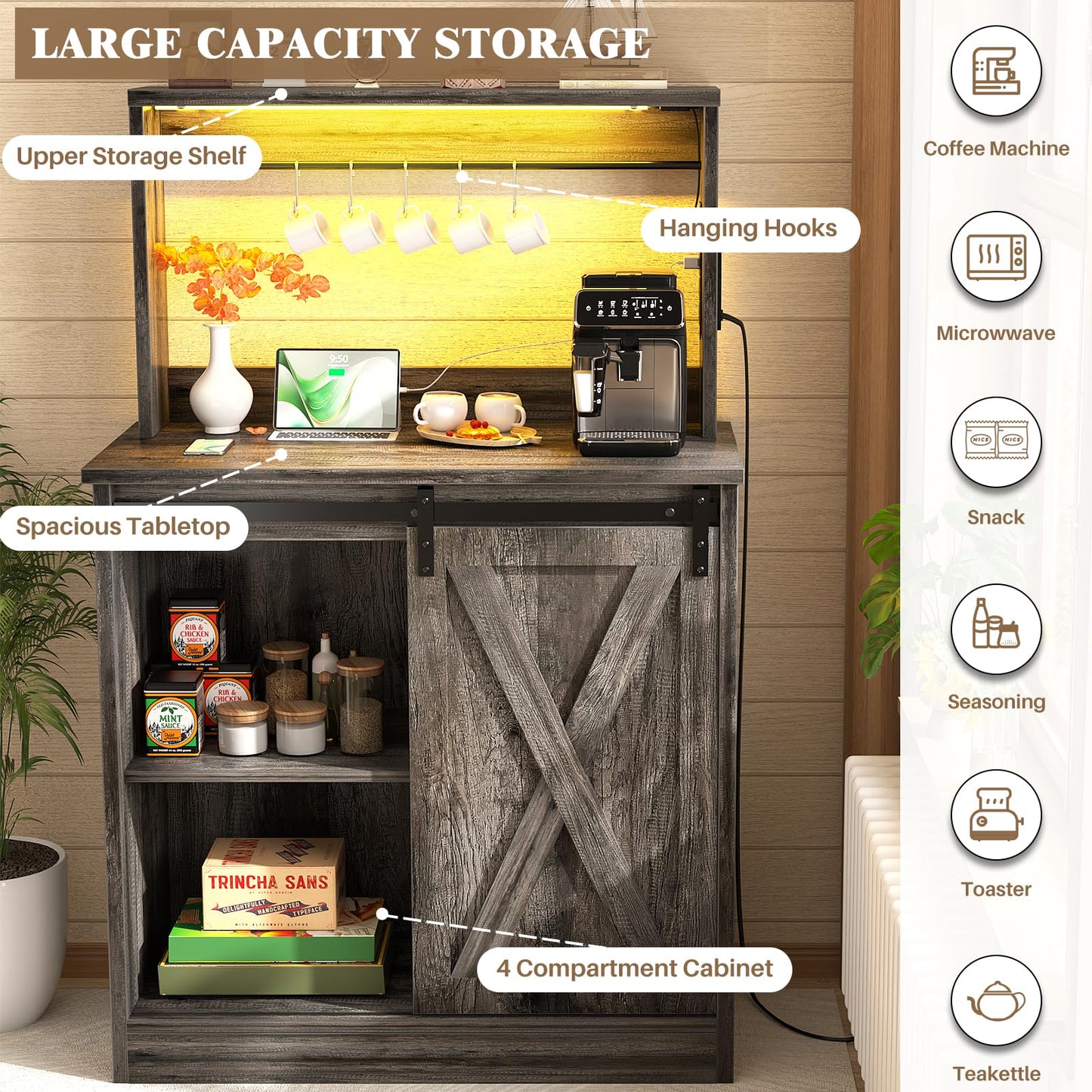 Homieasy Farmhouse Coffee Bar Cabinet with Charging Station & Led Lights, Charming Buffet Cabinet with Hutch, Customizable Storage with Barn Door Style, Perfect for Kitchen, Living Room, Black Oak