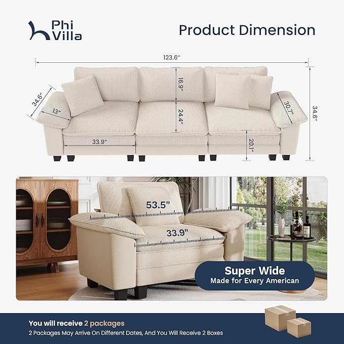 PHI VILLA Cloud Modular Couches Sets, 123.6" Long Sectional Sofa with Upholstered Deep Seat, 3-Seater Couch for Living Room Small Spaces, Chenille Corduroy Dual Fabric, Beige