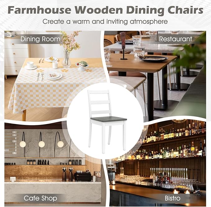 Giantex Dining Chairs, Wooden Armless Kitchen Chairs with Solid Rubber Wood Legs, Farmhouse Ladder Back Dining Chairs for Dining Room (4, White+Gray)