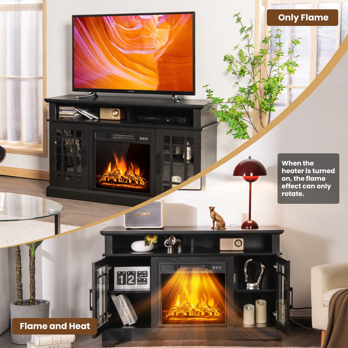 Simoe Modern 48 Inch Electric Fireplace Tv Stand, Tv Console For Tvs With 18 Fireplace Up To 55 Inch With 2 Open Shelves And Cab