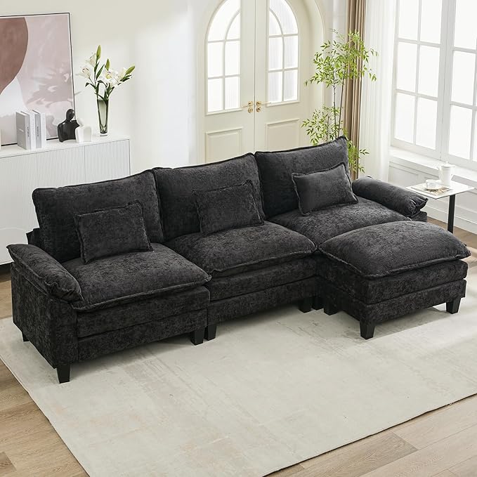 URRED Cloud Couch Modular Sectional Sofa, 122'' Modern L Shaped Deep Seat Sofa with Ottoman & Pillows, Ultra Comfy Chenille Couches for Living Room, Bedroom or Apartment, Black