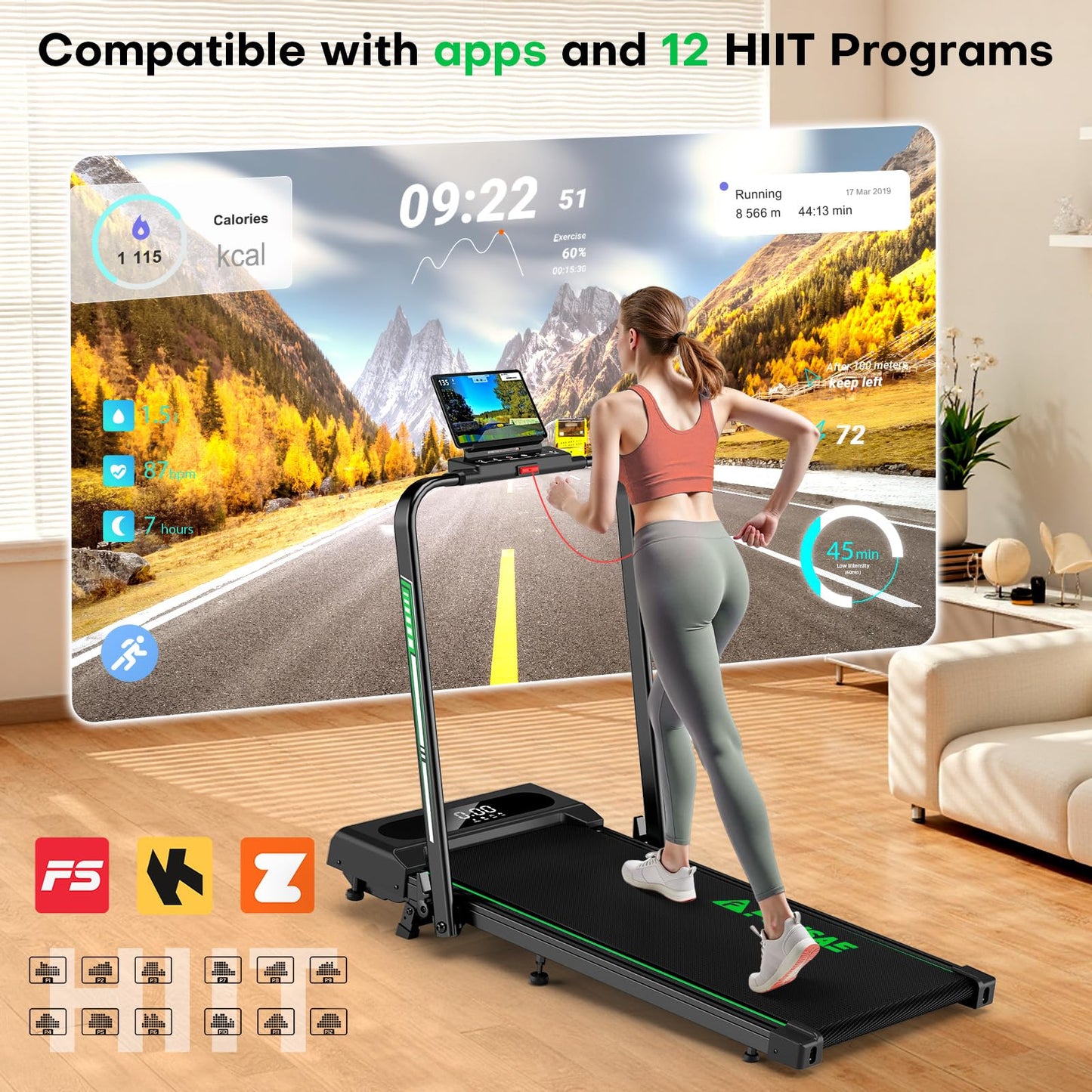 FOUSAE 5 in 1 Foldable Treadmill, 7.5 MPH Treadmills for Home with App Compatible, Treadmill with 10% Incline, 3.0HP Brushless Drive, Remote Control and LED Display, 12 HIIT Programs, 400 LBS Capacity