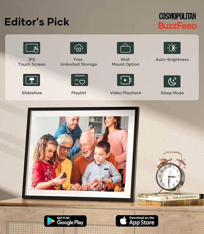 Cozyla 17'' Large Digital Picture Frame WiFi AI-Enhanced Free Unlimited Storage Wall Mount Share Photo＆Video via Apps Smart Digital Photo Frame Electric Picture Frame Slideshow Display Mat