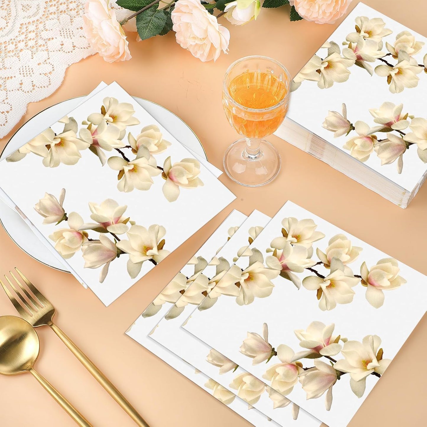 60 Pcs White Magnolia Floral Cocktail Paper Napkins 6.5 x 6.5 Inches Disposable Paper Napkins Dessert Beverage Tissue for Decoupage Luncheon Tissue for Theme Party Wedding Birthday Party