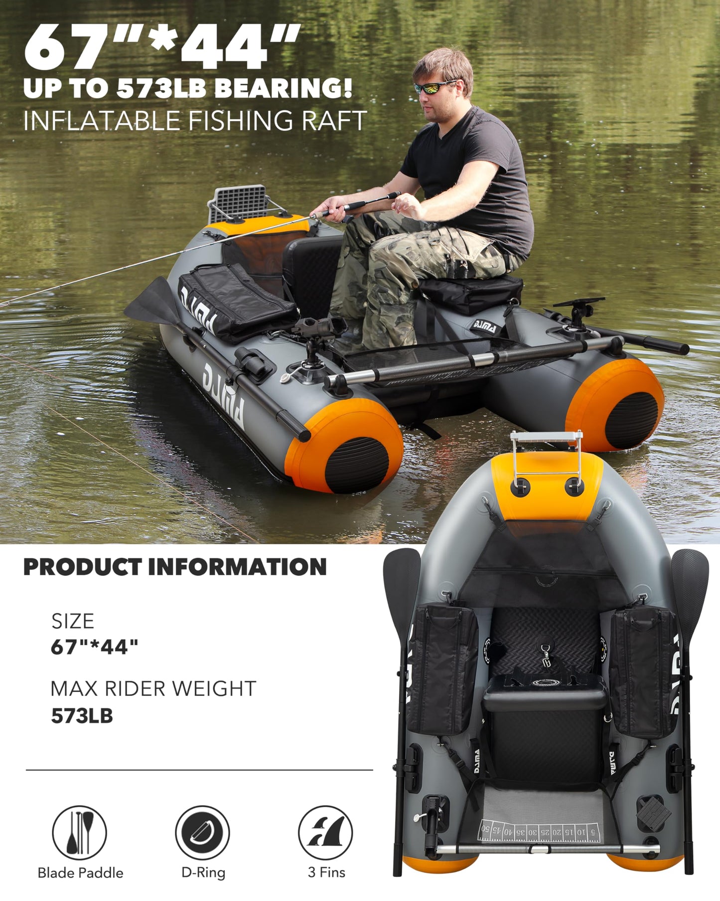 DAMA Inflatable Boats Heavy Duty Raft Fishing Boat Dinghy 170 * 120cm, w/Fishing Rod Holders & Seat, Inflatable Seat, Oars, Storage Bag