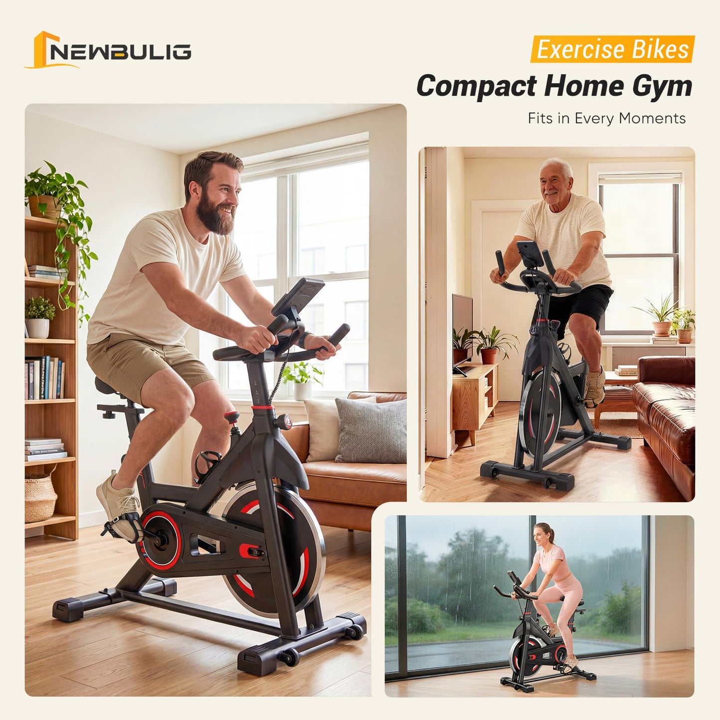 NEWBULIG Exercise Bike with APP, Stationary Bikes for Home, Workout Bike for Adults & Seniors, Cycle Machine, Adjustable Height and Resistance, Low Noise, 265lbs Weight Capacity, Easy Assembly