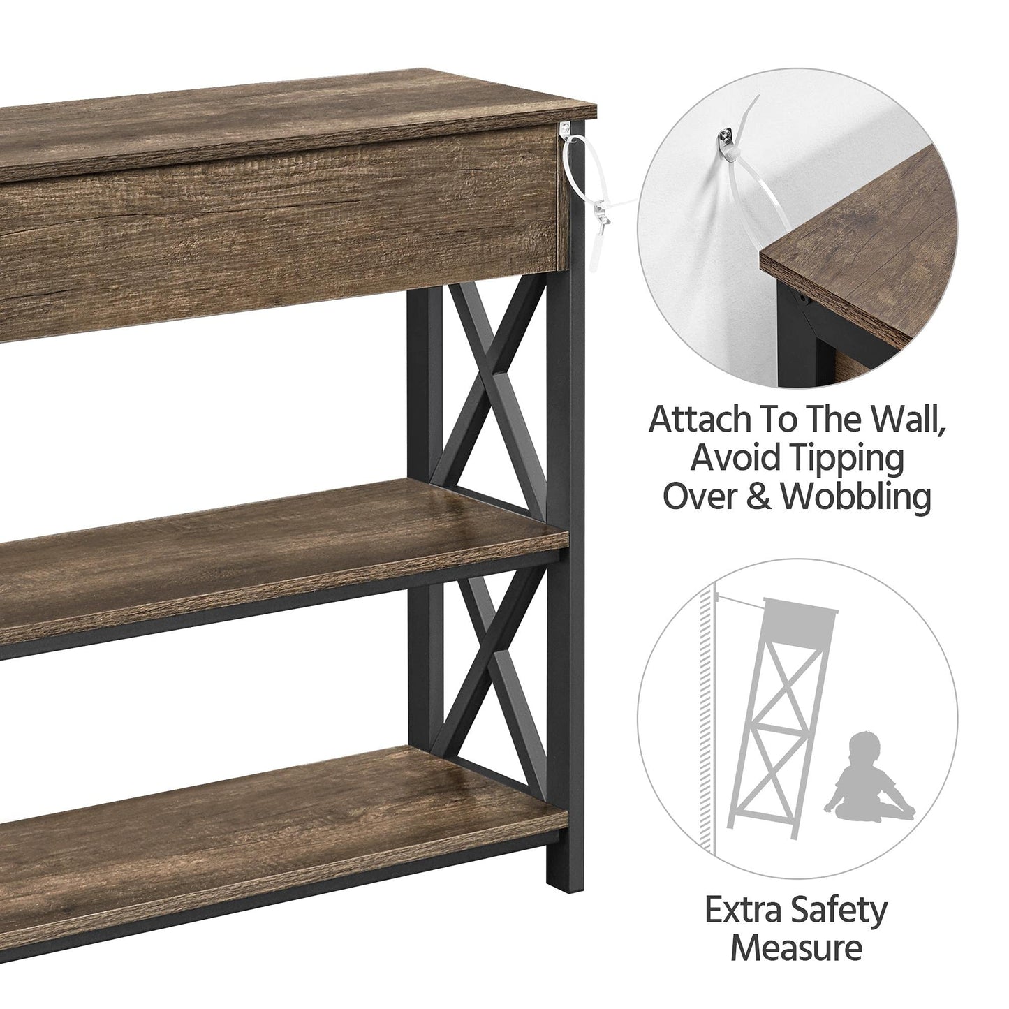 Yaheetech Console Table with Drawer and 2 Open Storage Shelves, Sofa Table for Living Room, 3-Tier Narrow Entryway Table, X-Shaped Design, Taupe Wood