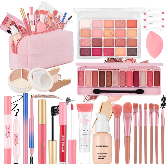 All In One Makeup Kit For Teen Girls Beginners:With Foundation, Face Primer, Eyeshadow, Lipstick, Eyeliner, Mascara, Brushes, Bag, Travel Friendly MakeUp Gift Set, Stocking Stuffers for Teen Girls