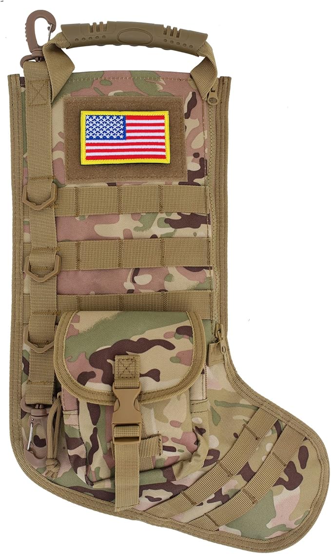 Speed Track Tactical Christmas Stocking, with Flag Patch MOLLE Webbing, Zip Pocket, MOLLE Clips, Gift for Veterans Militar...