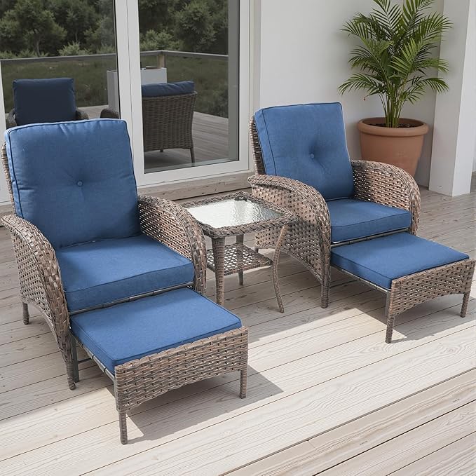 Rilyson Wicker Patio Furniture Set - 5 Piece Balcony Furniture Set with Hidden Ottomans, Rattan Outdoor Patio Chairs with Side Table for Porch Deck Poolside Garden Brown/Blue