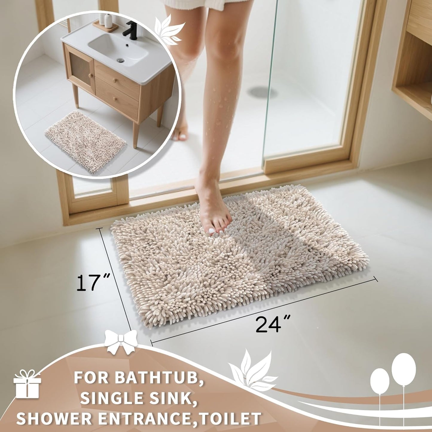 Yimobra Chenille Bathroom Rugs Non Slip, Extra Thick Soft Absorbent Bath Rug, Machine Washable Quick Dry Bath Mat for Bathroom Floor, Tub and Shower, Home Decor Accessories, 24x17, Khaki