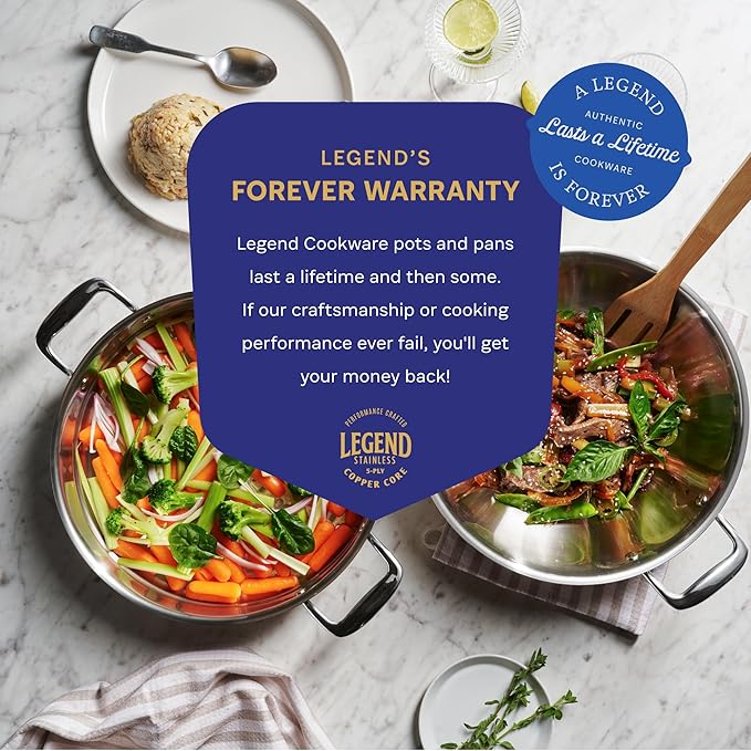 LEGEND COOKWARE 5-Ply Stainless Steel Wok Set, 12-Inch 5-Quart with Lid and Steamer - Induction Compatible, Oven Safe 800°F - Non-Toxic, No Coatings - Even Heating - Built to Last Generations