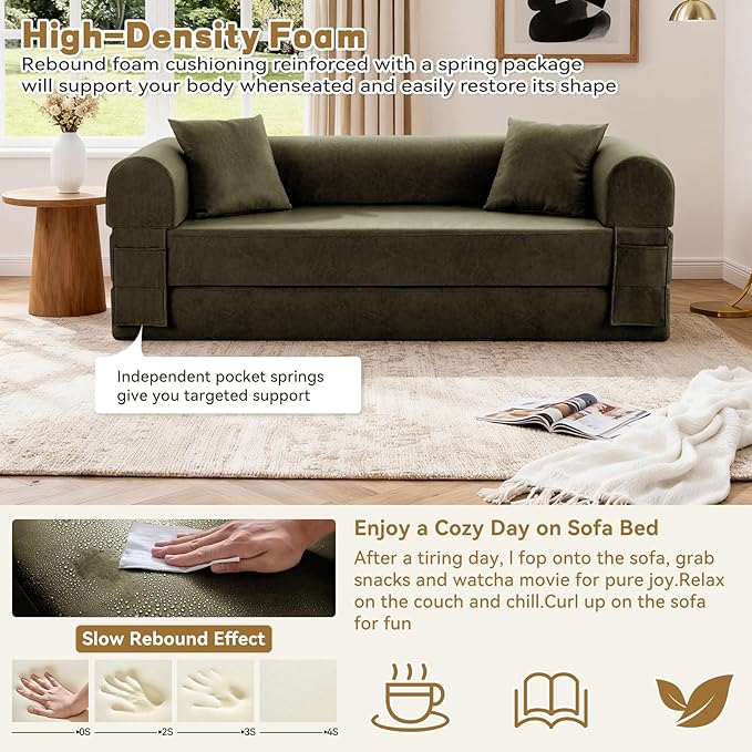 GJQ Convertible Folding Sofa Bed,78.5 Inch Faux Leather Futon Couch with Pillows & Storage Pocket,5-in-1 Queen Sleeper Sofa in a Box with Pull Out Bed,Boneless Couch for Living Room Bedroom,Green